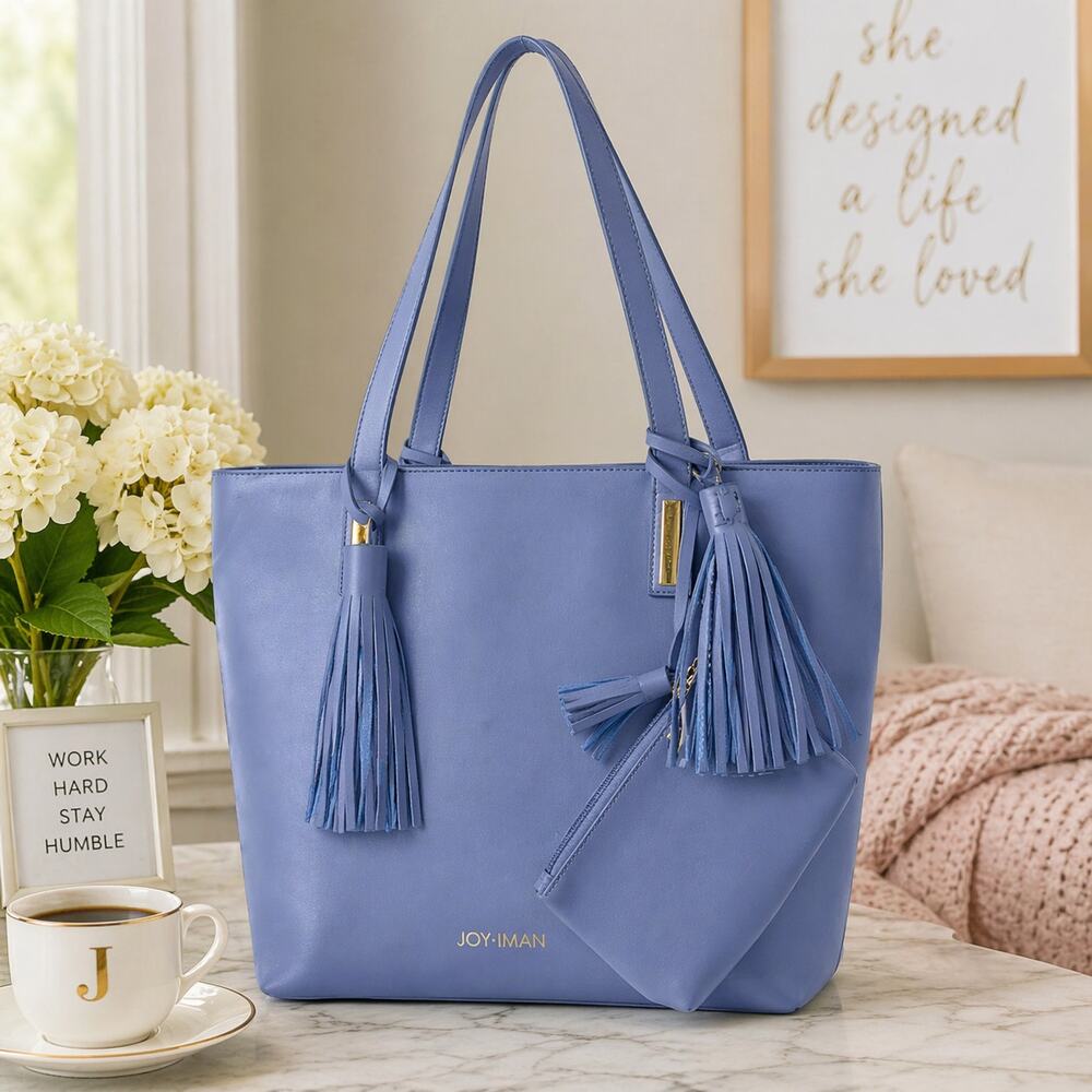 JOY & IMAN Periwinkle Leather Tassel Tote w Organizer & Pouch